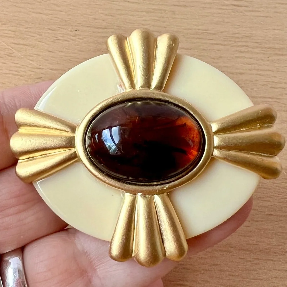 VINTAGE YSL YVES SAINT LAURENT CREAM TORTOISE MALTESE CROSS BROOCH PIN STATEMENT